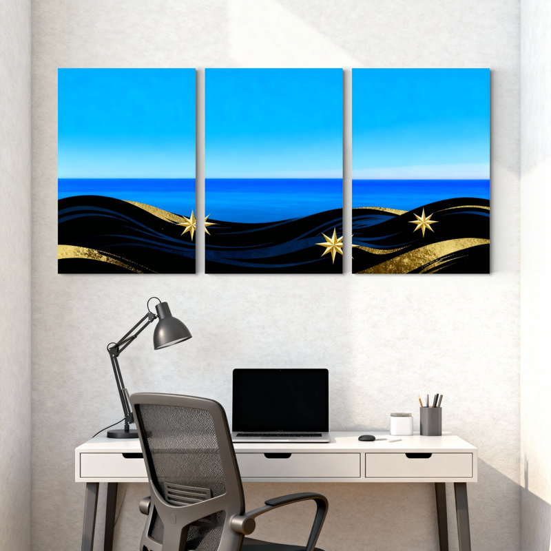 Ensemble de 3 impressions sur toile Blue Sky Ocean Waves, H 18 po x l 36 po