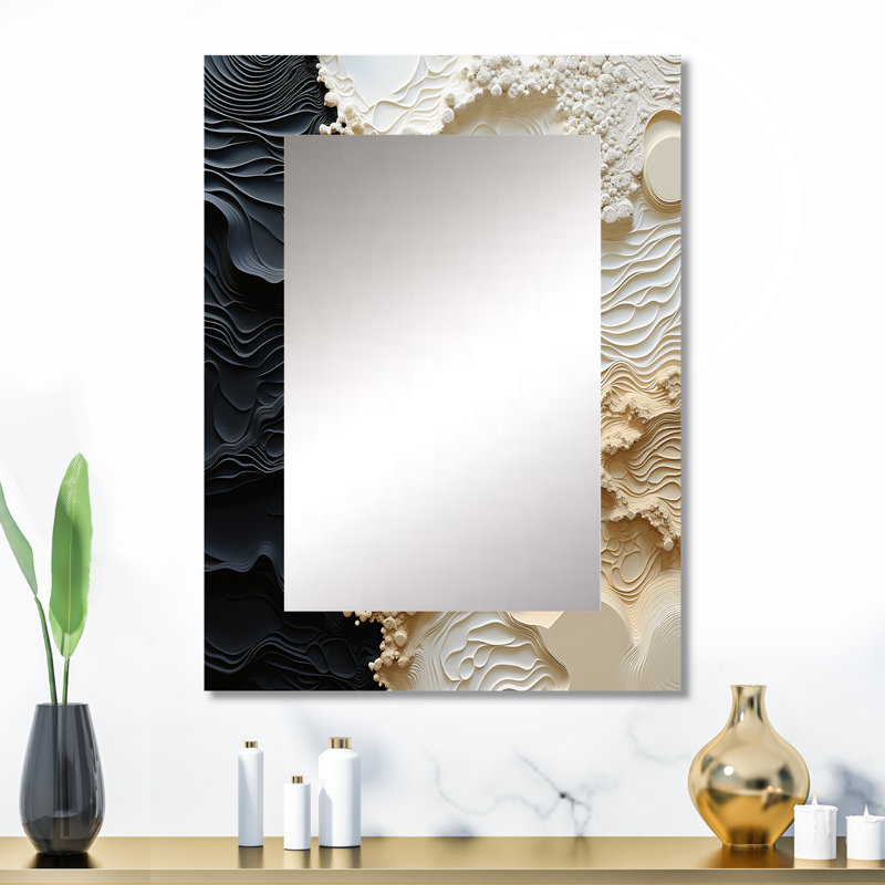 Abstract Cream And Black Liquid Paint - Coastal Wall Mirror, Cream Decorative Mirror, Printed Metal Art, 32" x 24"
