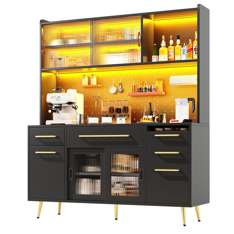 White Tall Cabinet with LED Lighting, with Perforated Wall, Drawer & Glass Shelves, Sideboard for Kitchen and Living Room