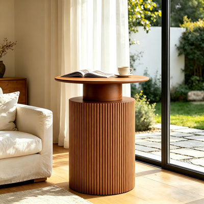 Round Side Table 24 Inch Fluted End Table with Hidden Storage, Mid Century Modern Nightstand Wood Bedside Accent Table, Farmhouse Circle Couch Side Table for Living Room Bedroom Small Spaces, Wood Tone