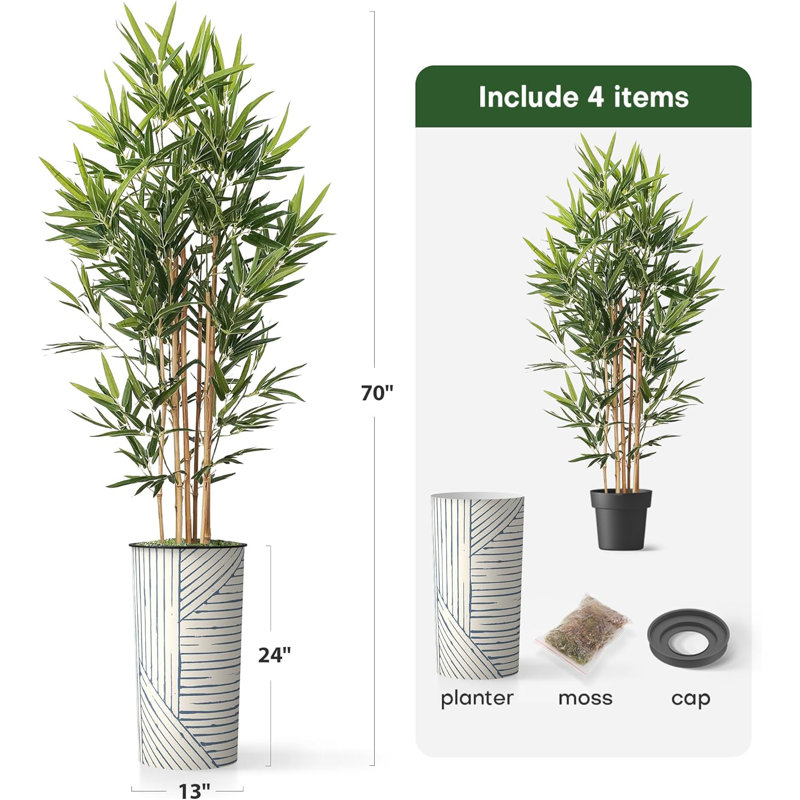 Artificial Tree in Contemporary Geometric Pattern Planter Fake Bamboo Silk Tree Plant Pot Plus Tree, Strip Blue