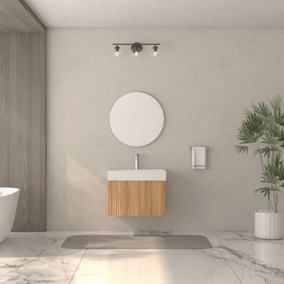 24" Bathroom Vanity With Sink,Wall Mounted Floating Bathroom Cabinet With Integrated Basin Plywood Finish Modern Minimalist Design For Compact Bathrooms Acacia Color
