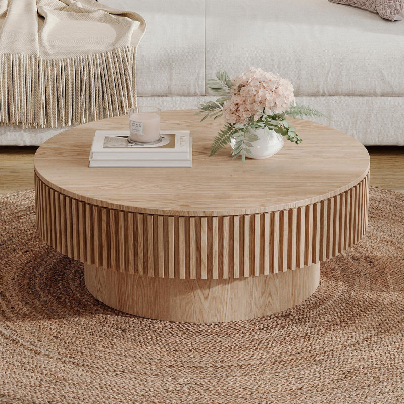 Table basse 31,5 "ronde avec rangement Table d'appoint moderne en placage de bois massif pour salon, chambre à coucher, appartement ou bureau, bois naturel