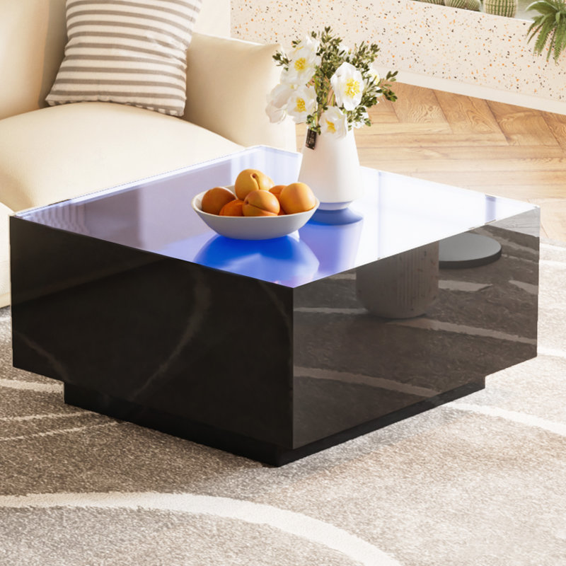 Table basse carrée ultrabrillante carrée avec lumières à DEL de 16 couleurs, table centrale moderne avec plateau en verre trempé givré de 5 mm pour le salon