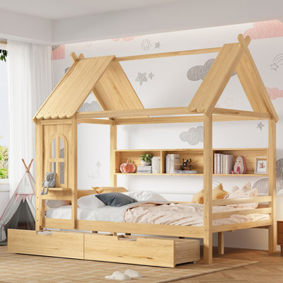 Lits doubles avec tiroirs de rangement et fenêtre, cadre de lit plateforme en bois massif avec tablettes pour enfants, sans sommier et conception enfantine