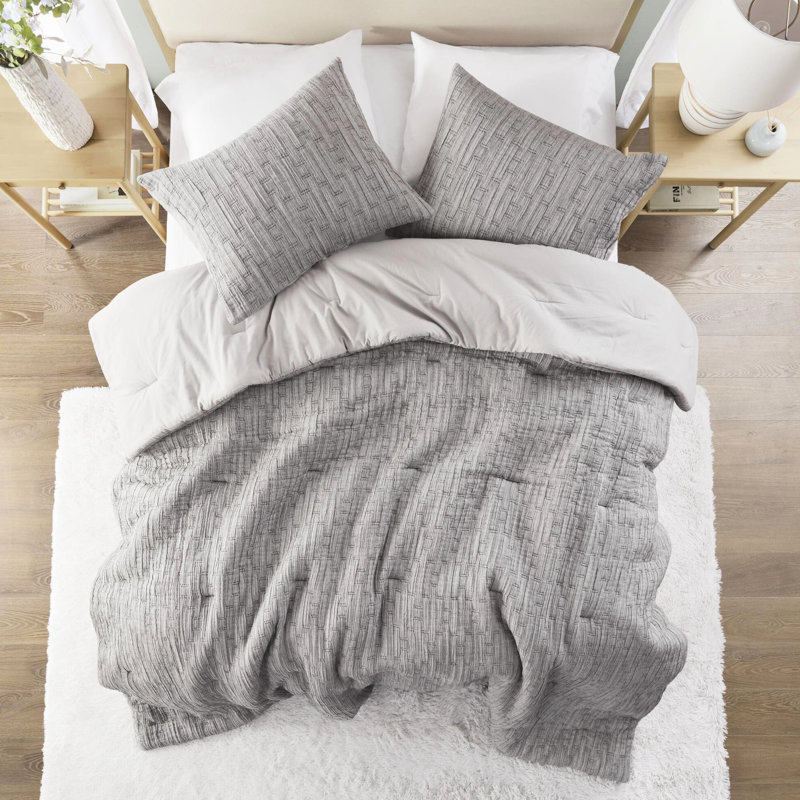 Édredon surdimensionné double / grand - 3 pièces avec coton riche et rembourré, tissé, gris, riche en coton