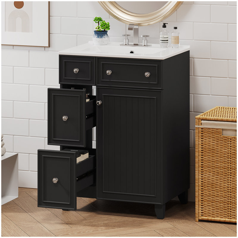 Armoire de meuble-lavabo 24 po avec lavabo en céramique, 2 tiroirs, 1 porte, Noir