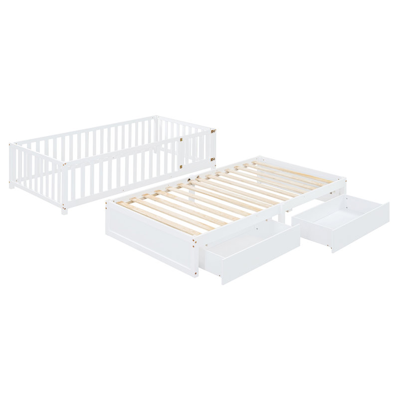 Lit de jour simple en bois avec garde-corps de clôture et 2 tiroirs, divisée en lit de jour indépendant et lit de jour, Blanc