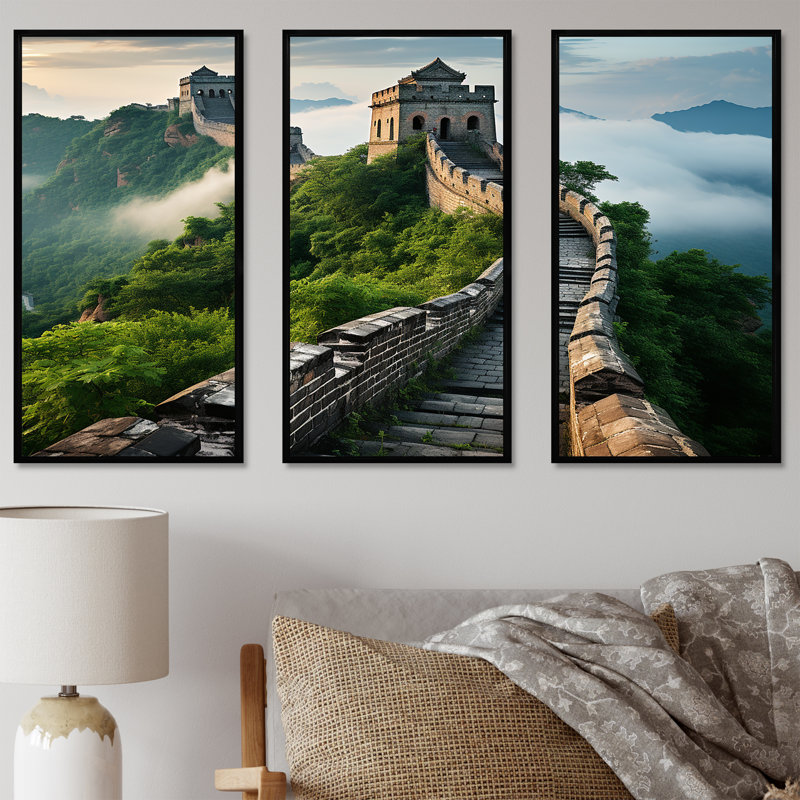 Grande muraille de Chine matin brumeux - art mural Chine, H 28 po x l 36 po, Cadre flottant noir
