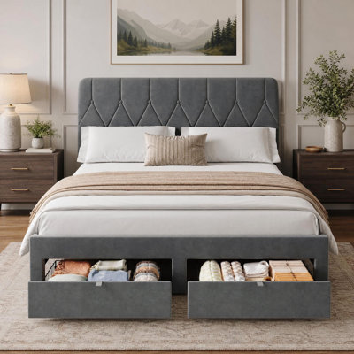 Full Bed Frame with 2 Storage Drawers, Velvet Upholstered Platform Full Size Bed Frame with Headboard, Wooden Slats Support, No Box Spring Needed, Easy Assembly, Gray
