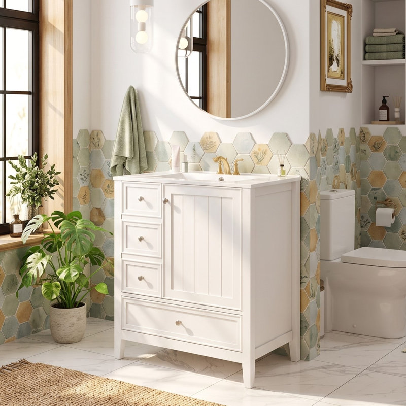 Meuble-lavabo de 30 po avec trois tiroirs et une structure en bois massif, Blanc
