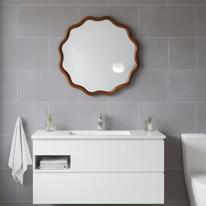 Miroir décoratif rond en bois massif Wavy, 30, Noir + noyer foncé