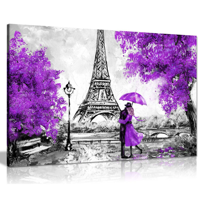 Paris Oil Painting Reproduction Eiffel Tower - Wrapped Canvas Print, 20cm H x 31cm W, Purple