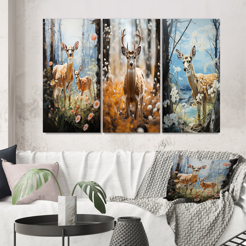 «Deer Graceful Fawn Pastoral», 3 pièces, Toile tendue, H 32 po x l 48 po