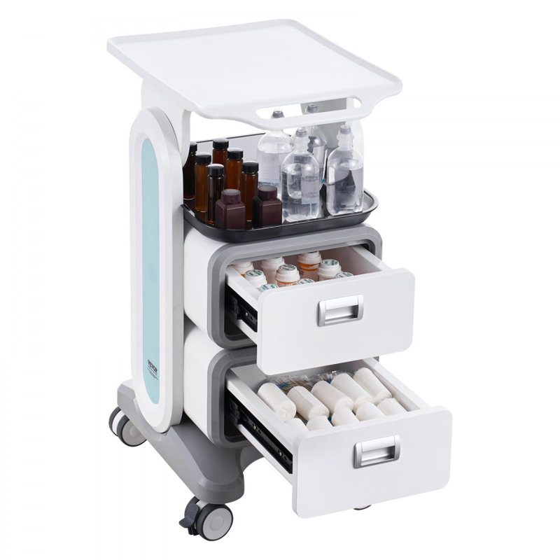 3 Tiers Lab Carts Mobile Medical Cart with 2 Drawers & 1 Top Tray White, Trolley Storage Cart with ABS Material