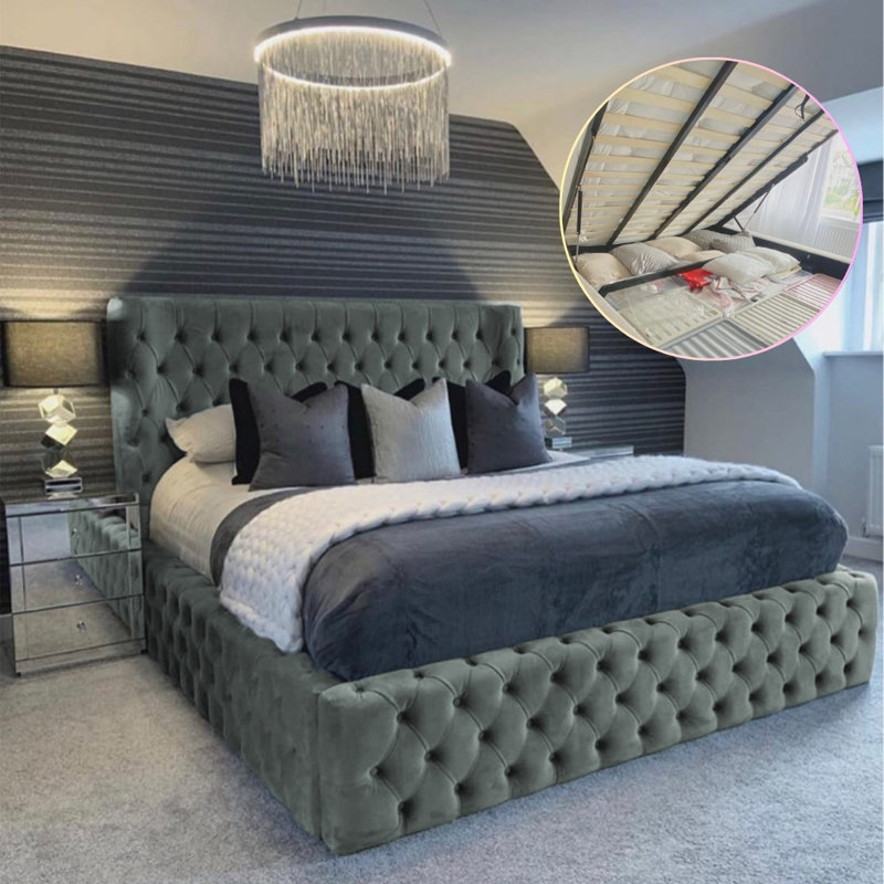 Aliyannah Upholstered Ottoman Storage Bed, Double (4'6), Chrome