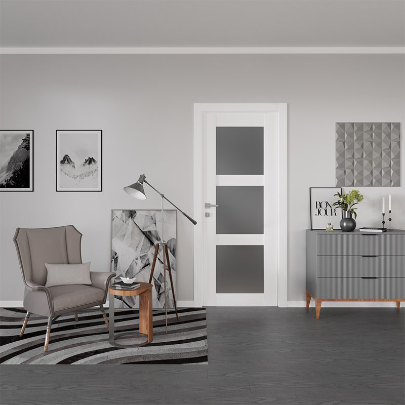 Dalle de porte intérieure 3 panneaux Palladio en bois manufacturé et en verre givré, Blanc, 23,88 po x 79,38 po