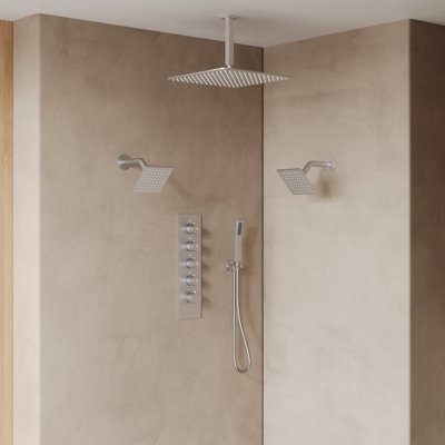 Thermostatic Shower System, Ceiling Mount 16" Rainfall Shower Faucet, 6" Wall Mount Dual Showerheads with Handheld Spray