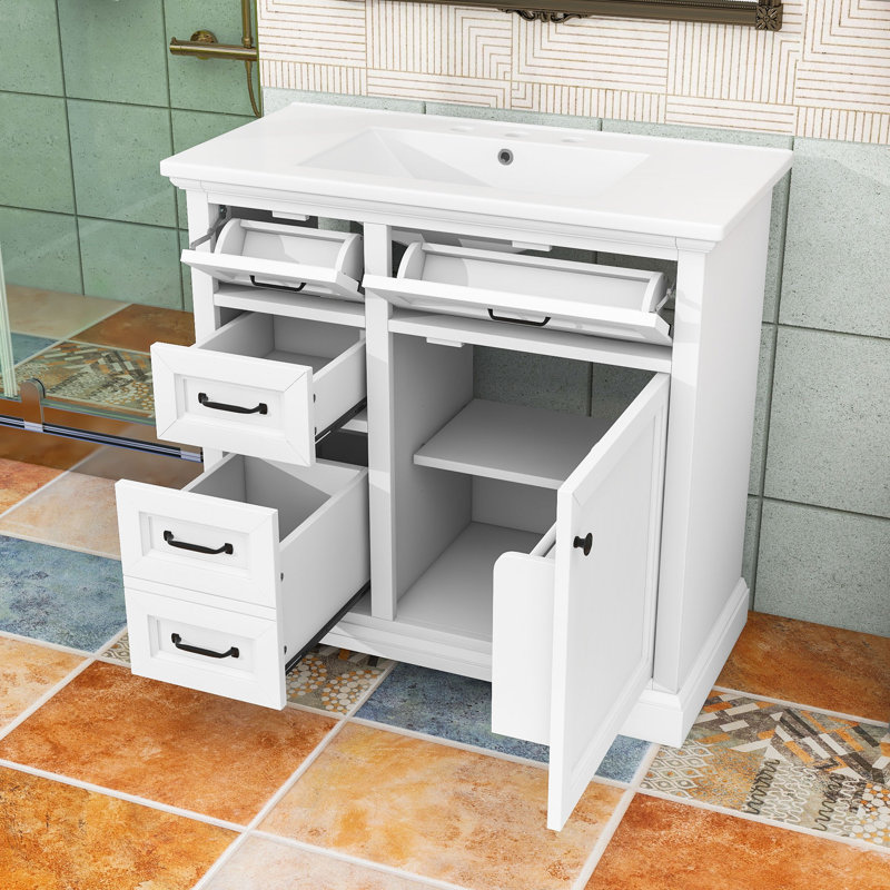 Meuble-lavabo autoportant avec lavabo en céramique, 4 tiroirs et tablette réglable, Blanc