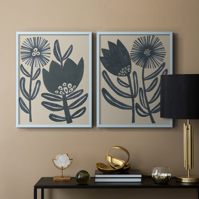 «Blockprint Folk Flowers I», reproduction encadrée de qualité supérieure - prête à être accrochée - aucun clou requis - aucun clou requis