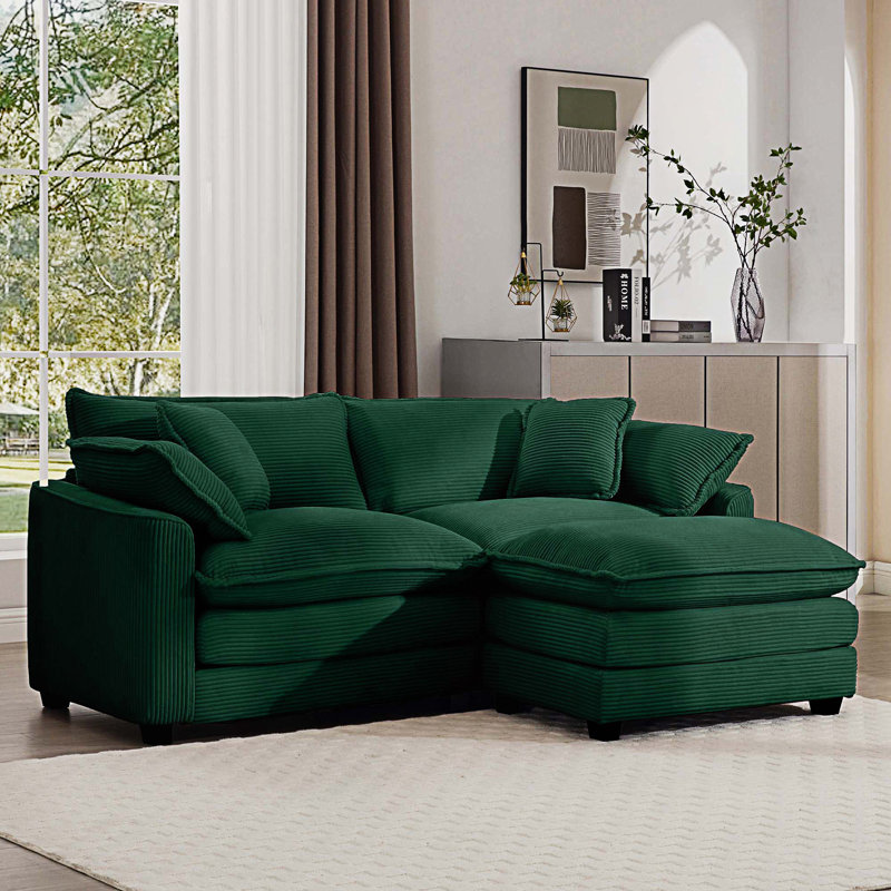 Two-Seater Sofa With 1 Footrest, L-Shaped 2-Seater Sofa With Ottoman, Green Corduroy