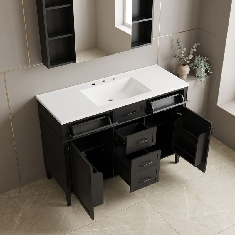 Armoire de meuble-lavabo 48 po avec comptoir en composite, 4 tiroirs et tablettes réglables, Black