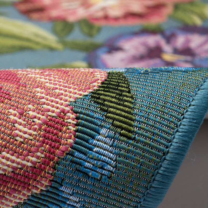 Andreane Floral Synthetic Non-Skid Kitchen Mat, Rectangle 2' x 2'10", Aqua/Blue