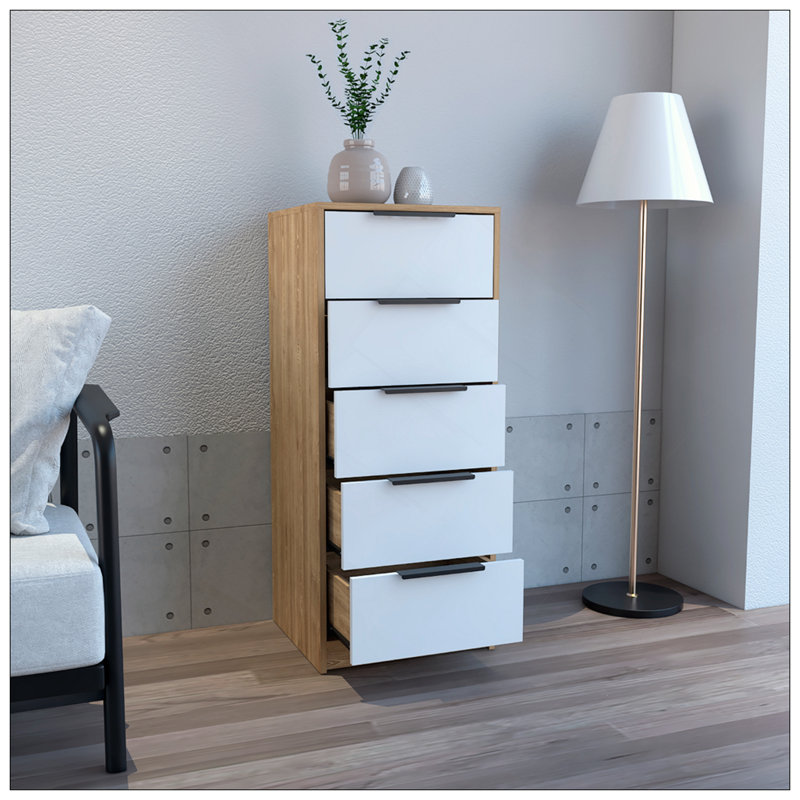 Commode verticale H / 42 po, 5 tiroirs, commode verticale, Blanc / Chêne clair