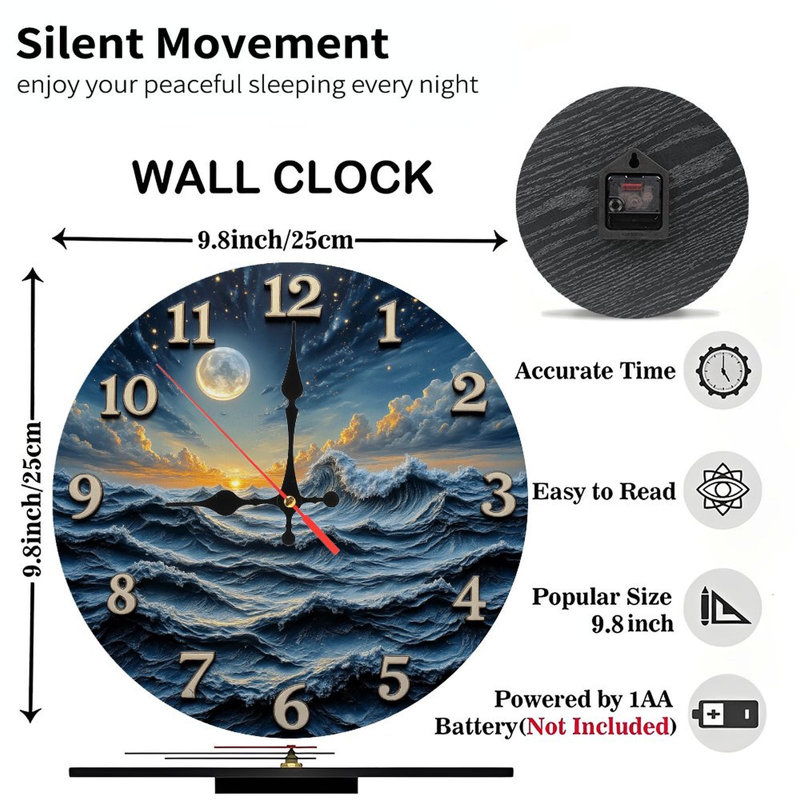 10" Round MDF Wall Clock with Silent Quartz Movement and No-Drill Hanging Hook