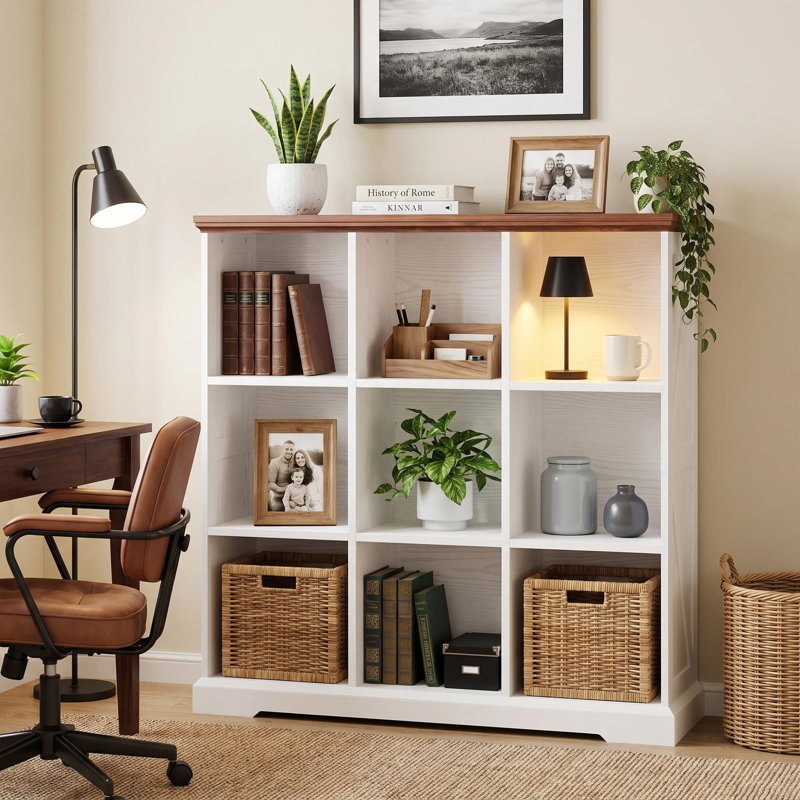 Bibliothèque à 9 cubes Farmhouse avec compartiments de rangement ouverts, White