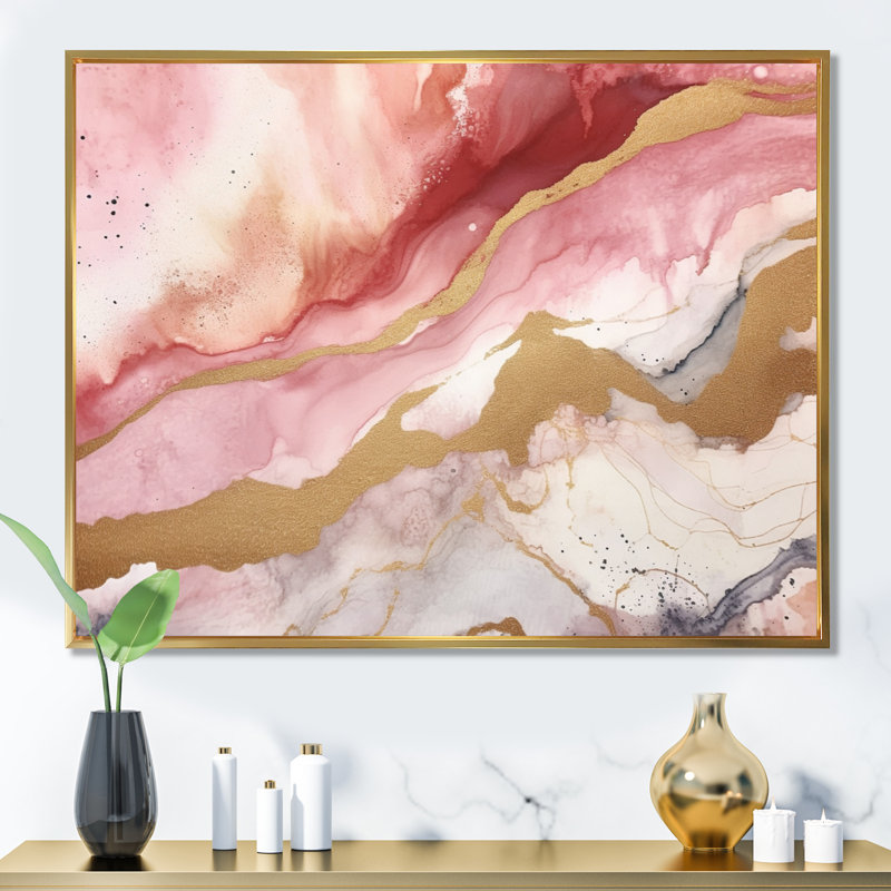 «Rose and Gold Enchanted Spills I», art mural abstrait pour le salon, 12" H x 20" W, Black Picture Framed