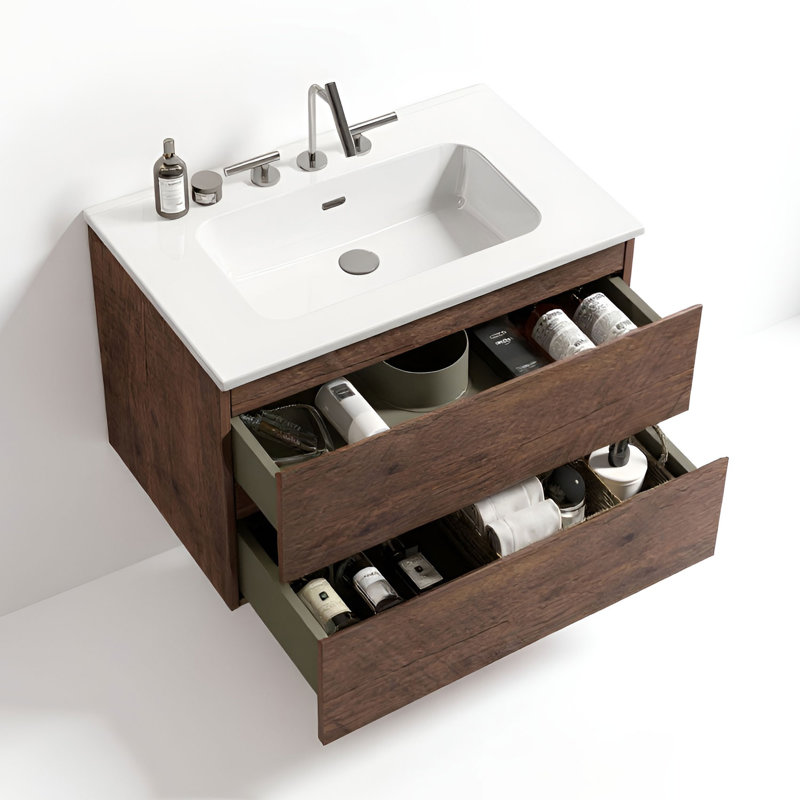 Meuble-lavabo simple 30 po avec trop-plein en céramique avec trop-plein Derrance, pré-assemblé, Brun, 30"