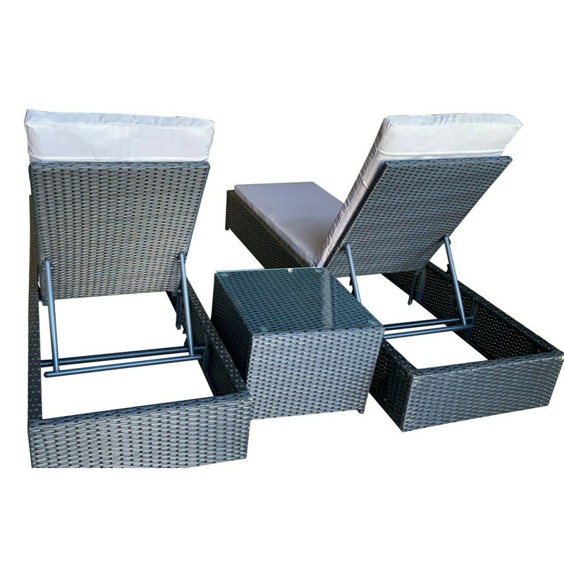 Hoswell 194cm Long Reclining Chaise Lounge Set with Cushions and Table, Brown , Black