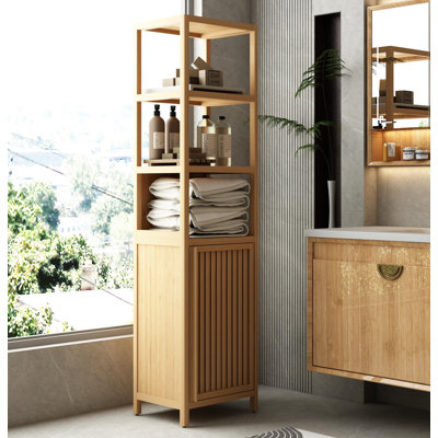Armoire de rangement haute et mince avec porte à volets et 3 tablettes, armoire tour en lin autoportante pour salon, cuisine, rangement de salle de bain, bambou naturel