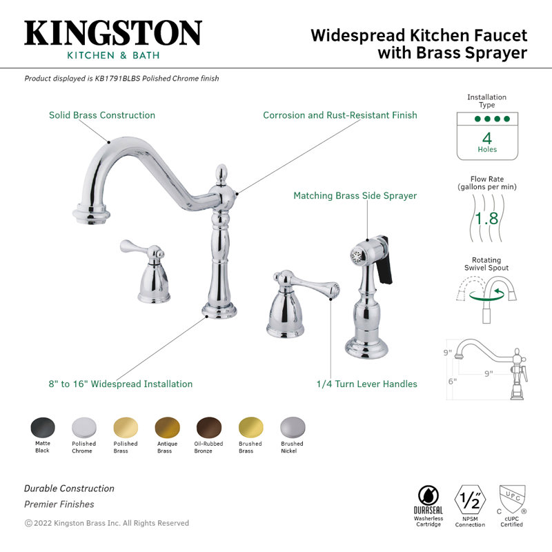 Kingston Brass Heritage Double-Handle 4-Hole Widespread Kitchen Faucet with Brass Sprayer, Polished Chrome
