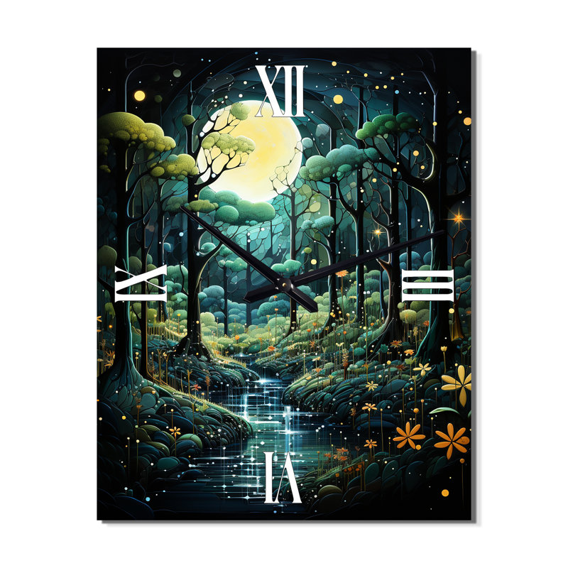 Forêt en pointillisme forêt enchantée IV - Horloges murales paysage et nature, Très grand