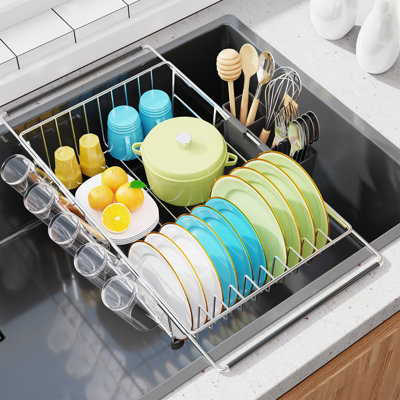 Adjustable Dish Drying Rack In Sink, Dish Drainers For Small Kitchen, Counter Inside Sink, Over The Sink With Utensil Holder, (Black)