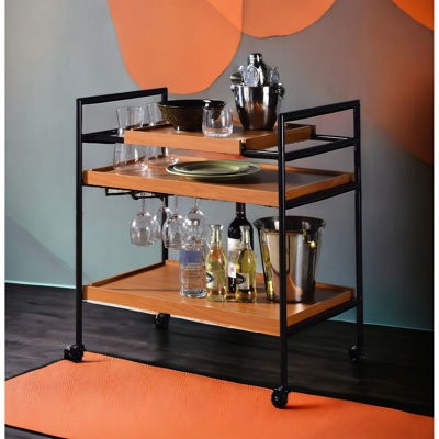 Serving Cart In Oaken Honey Oak & Black, 2 Open Compartments, 32.44 In. Height, 70Lbs Weight Limit On Top, Black Metal Cart, 13 Package Height