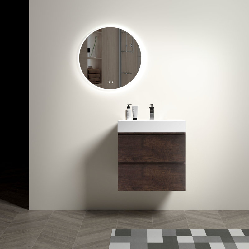 24" Walnut Bathroom Vanity - Max Storage, White Basin, Silent Operation, No Faucet Or Drain, Finish Countertop Large Basin Sink, Smooth, Handle, Pre-Assembled