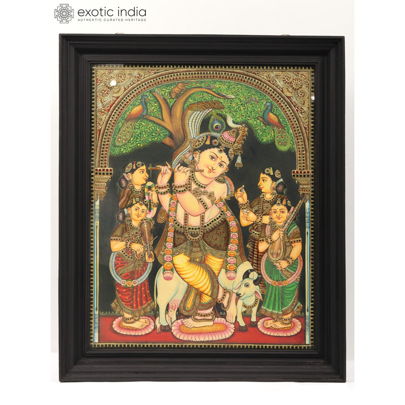Venugopal Krishna avec Gopis Tanjore, art mural traditionnel encadré, couleurs vives et détails en or 24 carats, 27,5 po x 21,5 po