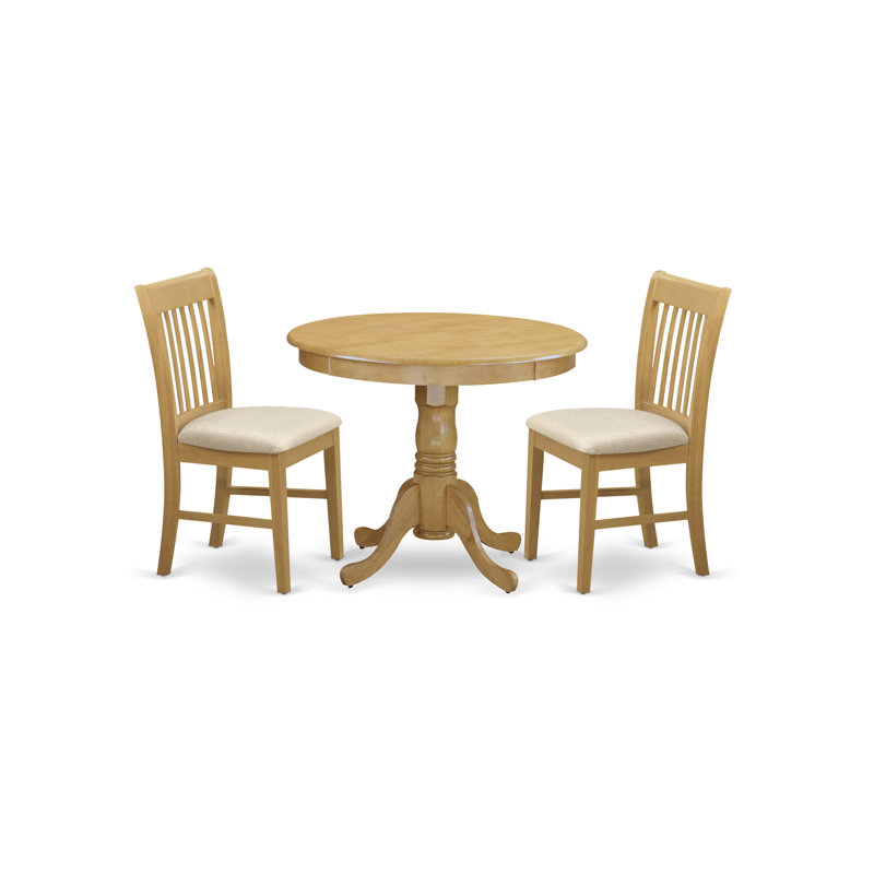 Oak Finish Round Dining Table with Linen Upholstered Chairs