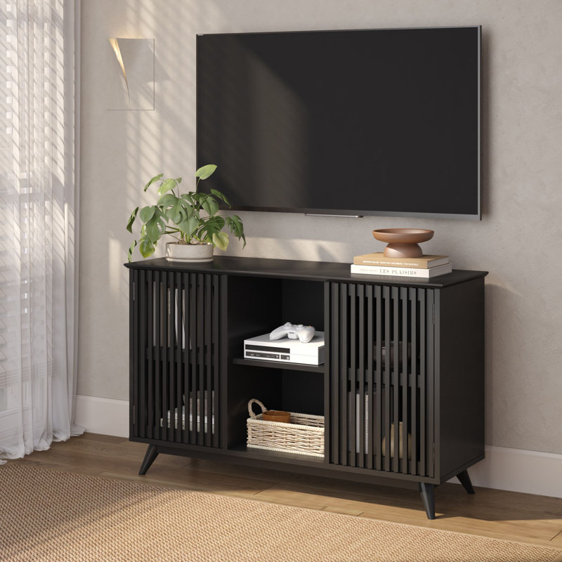 Solid Wood Mid Century Modern TV Stand, 2 Door w/ Middle Shelf 49 x 16 x 30in, Black