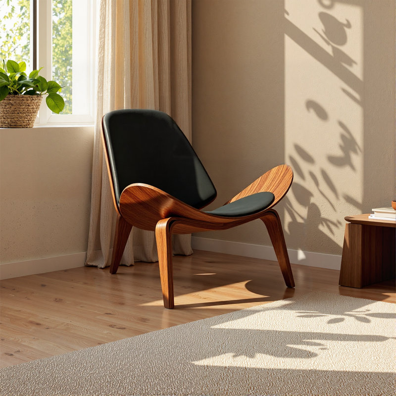 Leather Mid Century Modern Wide Side Accent Chair, Walnut Leather Lounge Chair