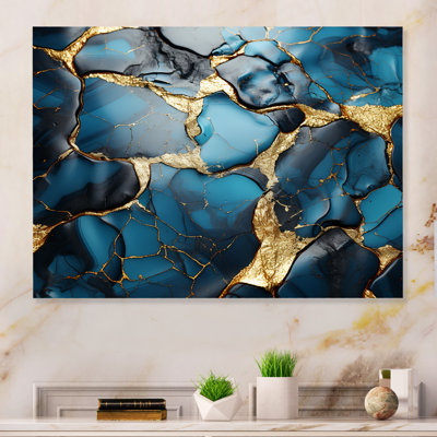 Gold And Blue Marble Mosaic Agate II - Abstract Metal Wall Art Print