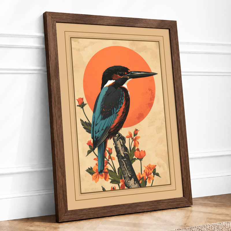 Kingfisher And Sun Japandi - Print, A2 - 59.4 x 42.0 cm, Walnut
