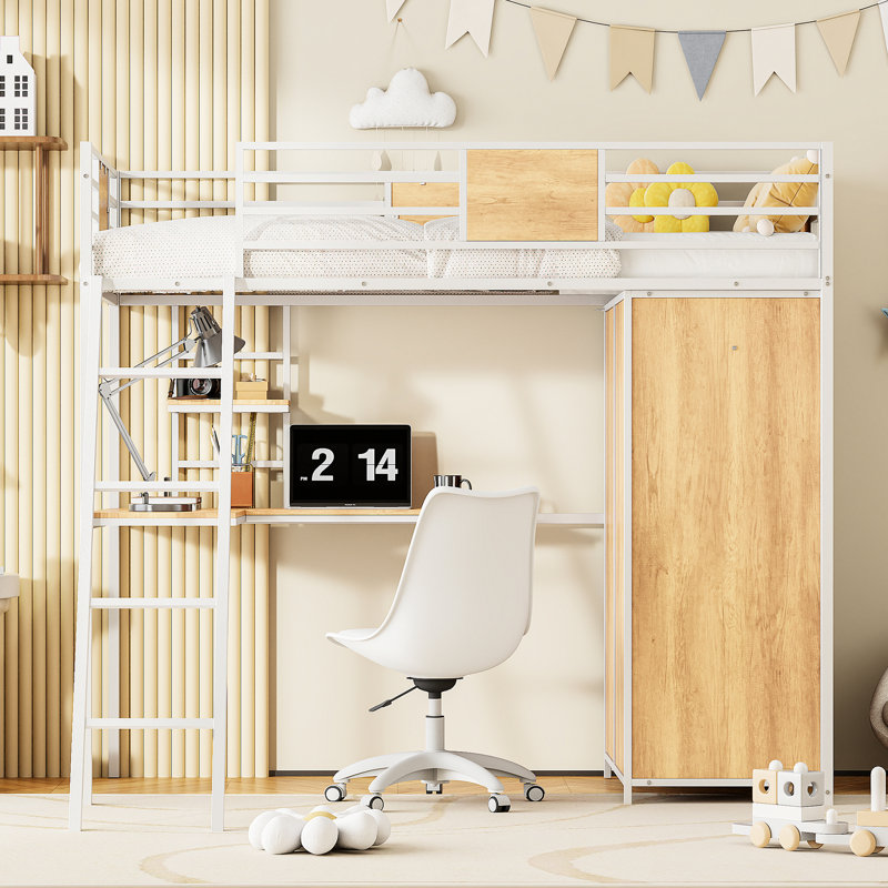 Twin Loft Bed In White With L-shape Desk And Functional Clothing Organizer Wardrobe - Materials, 250 Lbs Capacity, 77.2''l X 61.7''w Featuring Organized Construction, 67.9'' High, 156.6 Heavy