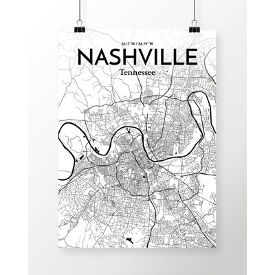 «Nashville City Map», reproduction d'impression sur affiche à l'encre / blanc