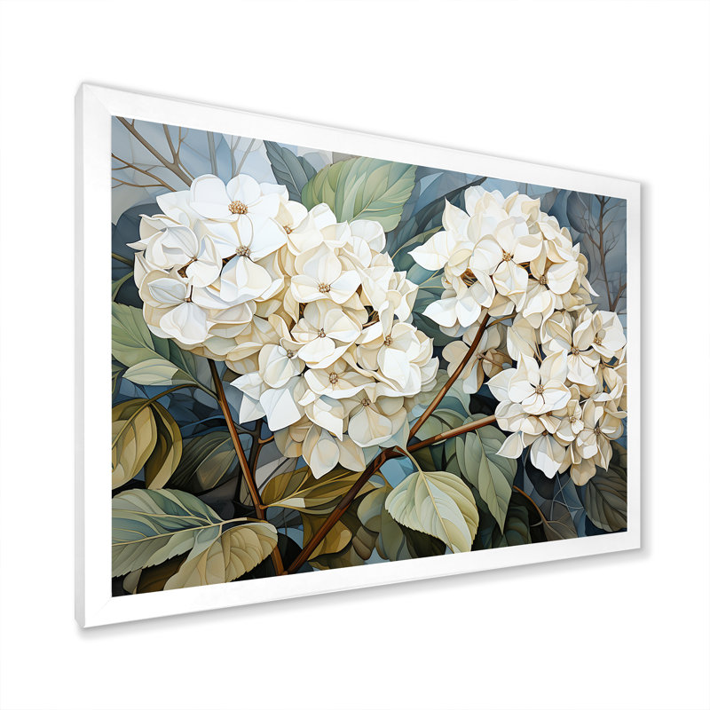 «Cubist Hydrangea L'interpretation» - art mural hortensia, H 30 po x l 40 po x P 1,5 po, Cadre simple blanc