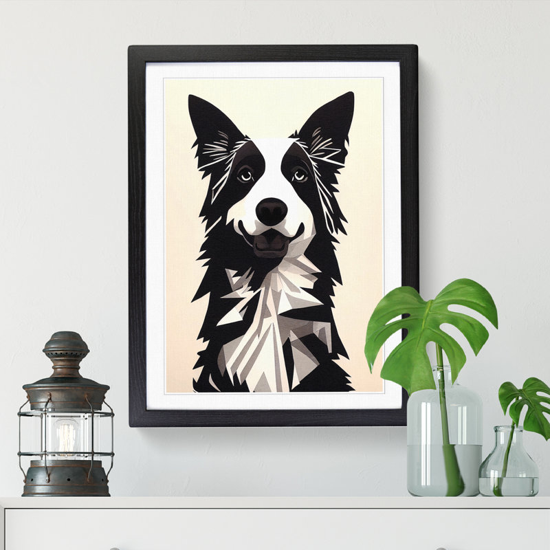 Border Collie Geometric - Single Picture Frame Print, 64cm H x 46cm W x 2cm D, Walnut Framed