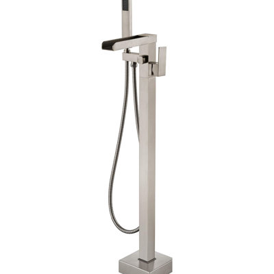 Bathroom Floor Mount Faucet With Waterfall Spout And Hand Shower - Brushed Nickel Finish, Construction Tub Filler Effect Handheld Mount, Corrosion Resistance Stylish